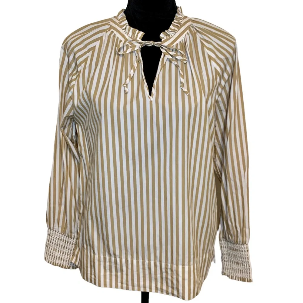J. Crew ReImagined Popover Top Smocked Cuffs Ruffle Neck Striped Tan White Small